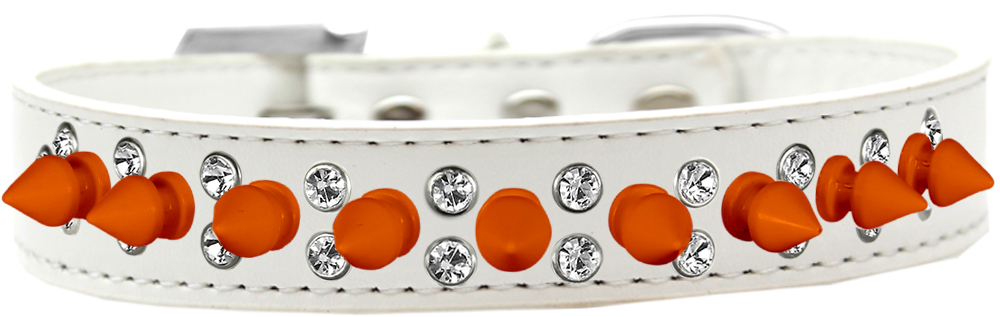 Double Crystal and Neon Orange Spikes Dog Collar White Size 18